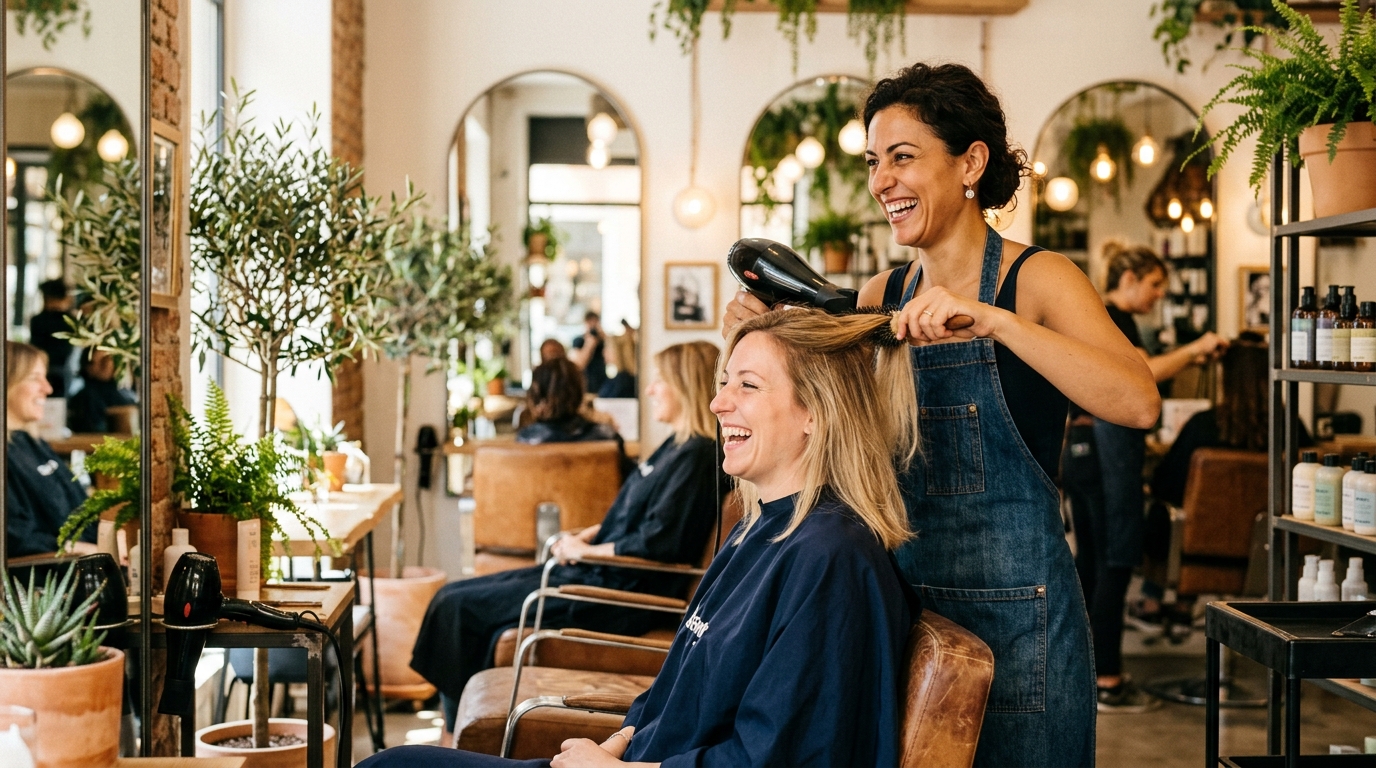 Hair salon owner smiling with background music, no licensing fees